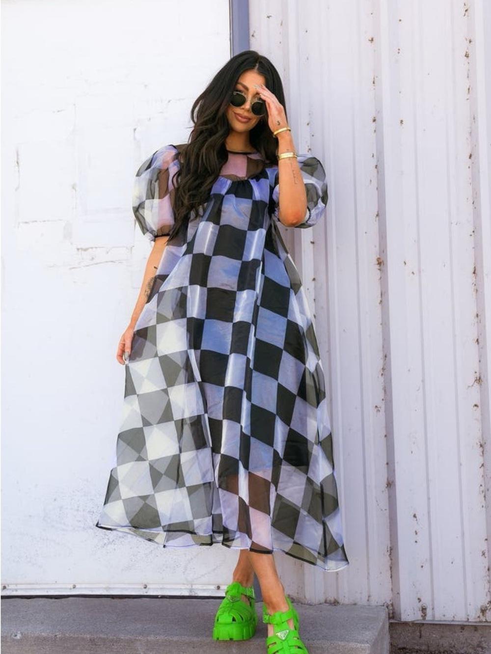 Dressed in LALA Black and Gray Check Puff-Sleeve Midi Dress